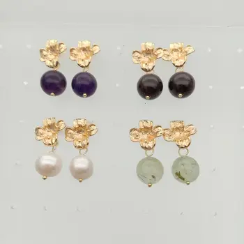 

Round Pearl Garnet Gems Stone Golden Plated Flower Earrings