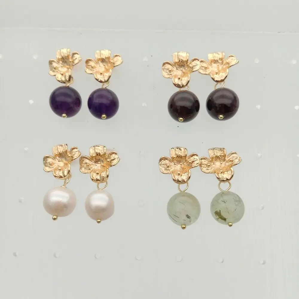 

Round Pearl Prehnite Garnet Amethyst Gold Plated Flower Stud Earrings