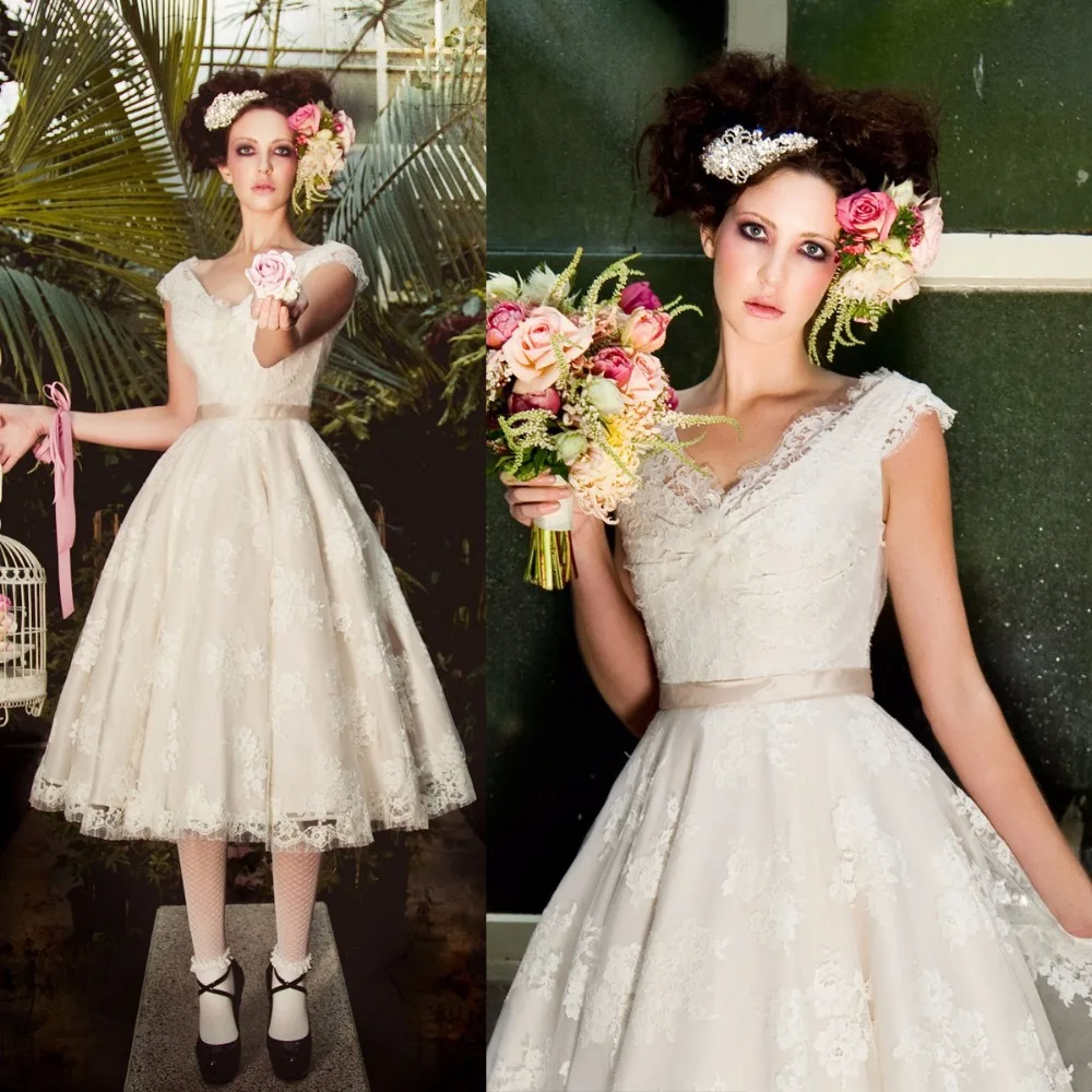 vestido de noiva, casamento, короткий рукав, v-образный вырез, кружевное свадебное платье, отделанное до середины голени, Платья для подружек невесты