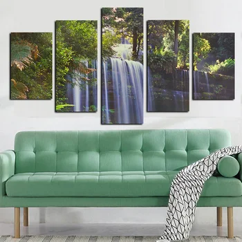 

5 Panel Print Waterfall Tree Mountain Modular Wall Canvas Painting Landscape Picture for Living Room Sofa Cuadros Decoracion