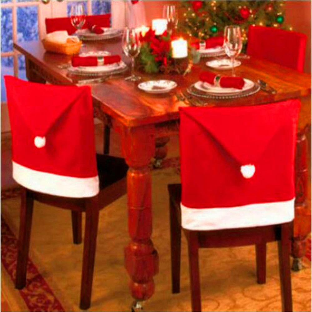 

2pcs New Year Happy Christmas Santa Claus Cap Table Chair Cover Red Hat Back Chair Covers Xmas Christmas Decorations For Home