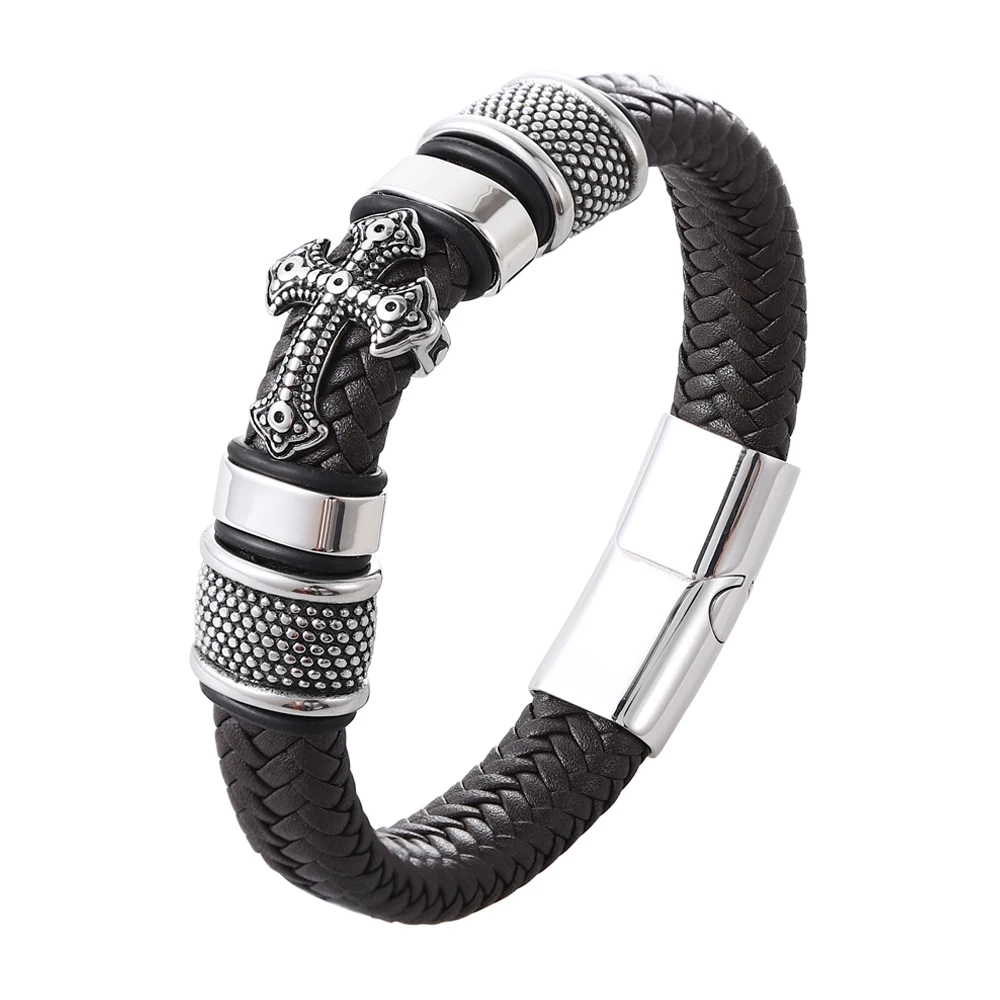 Wholesale Cross Stainless Steel Men’s Leather Bracelet Magnetic Clasp for Friend Fashion Jewelry Gifts Free Shipping - Image 2