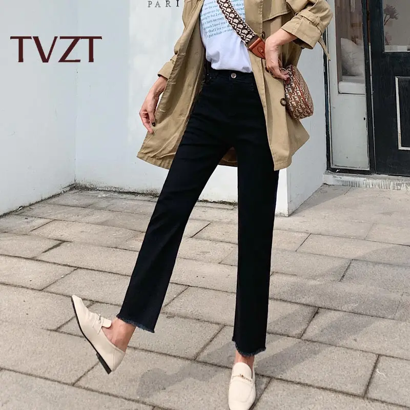 TVZT Новинка, женские джинсы, свободные, прямые, микро-трубы, высокая талия, тонкие, черные, девять точек, осень и зима, плотные
