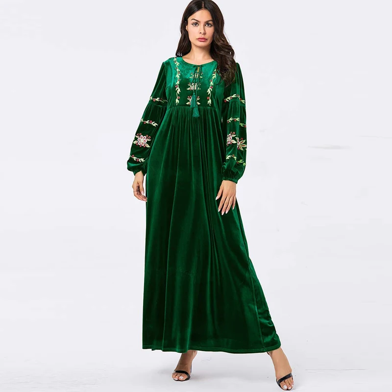 Цветочные бархатные abaya для женщин Дубай мусульманский кафтан женская одежда зима осень длинное платье Зеленый Кафтан vestido manga larga
