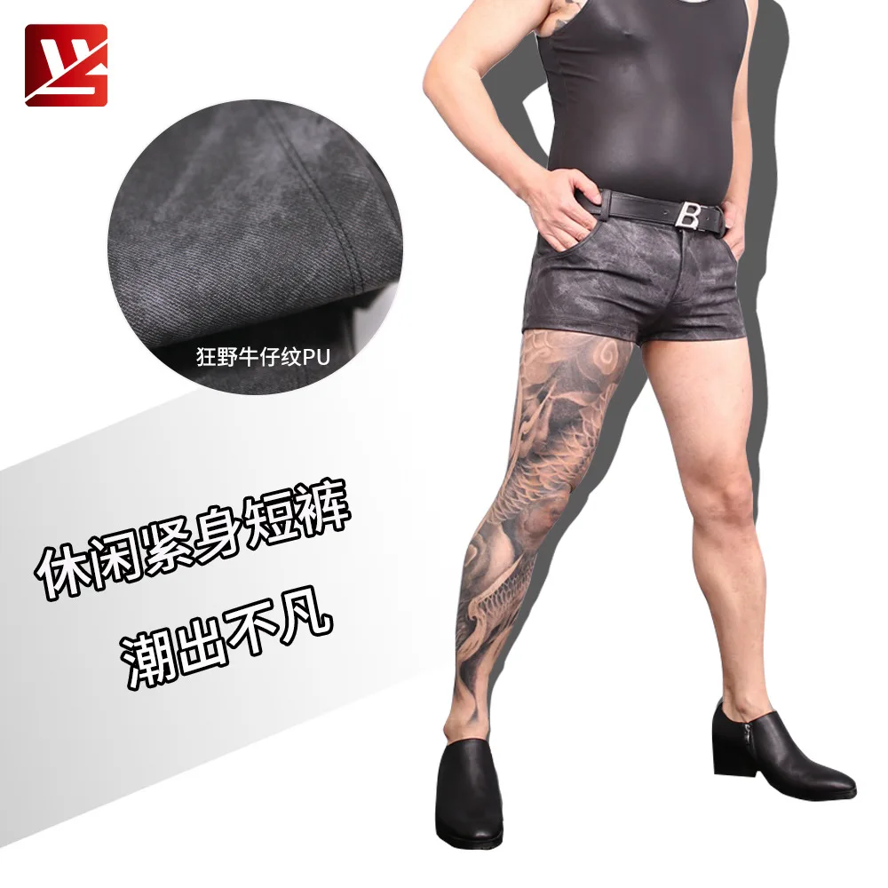 Korean Style Jeans Texture PU Men Thin Casual Boxer Shorts Jeans Wear Tight Do Old Straight Foot Men Convex Fork Short Trousers