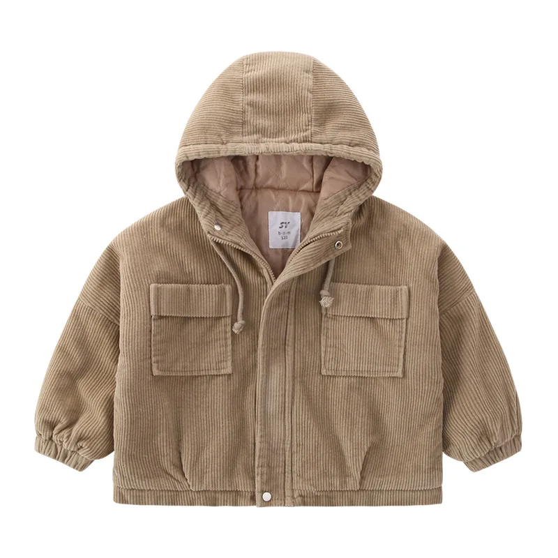 Хаки Solid Corduroy Jackets For Teenage Boys Outerwear Tops Clothing Children Hooded Thicken Coats Kids Winter Jacket Clothes - Цвет: Хаки