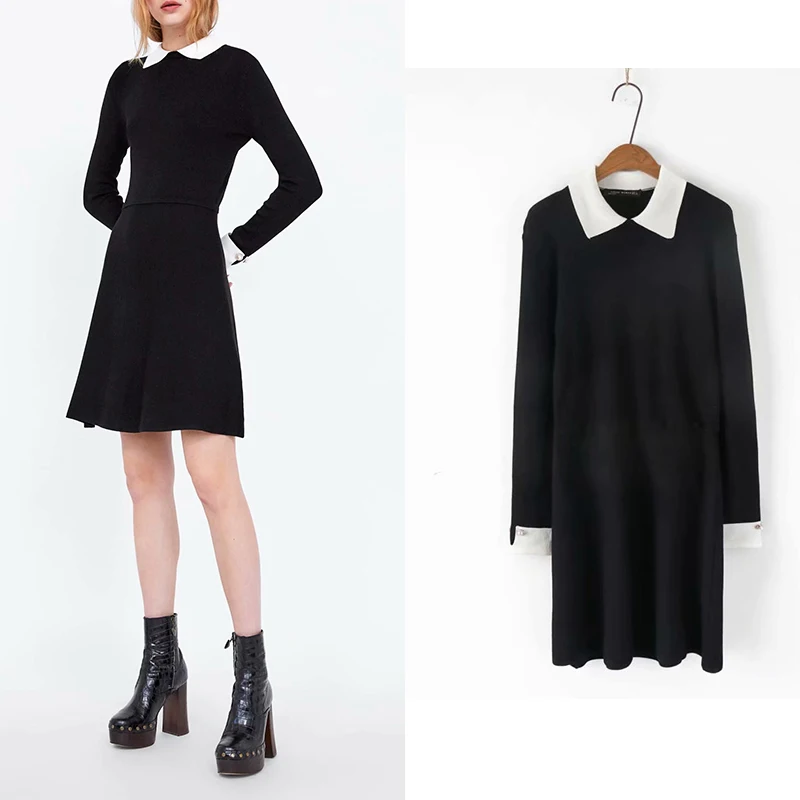 

ZA 2019 Sexy Bodycon Beading A-Line Woman Dress New Elegant Knee-Length Lady Dresses Vintage Turn-down Collar Femal Vestidos