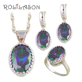 

ROLILASON Rainbow Mystic Zircon Silver Stamped Jewelry Sets Earrings Pendant Necklace Rings for Lover Fashion Jewelry JS670