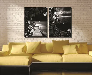 

Big Promotion Cherry Blossom Wallpapers Black Background Art Canvas Paintings Chinese Style Good Quantity Decorate Paintings