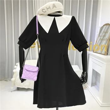 

French Vintage style dress Knee-Length Turn-down Collar A-Line ceremony dresses vestidos para trabajo mujer black short sleeve
