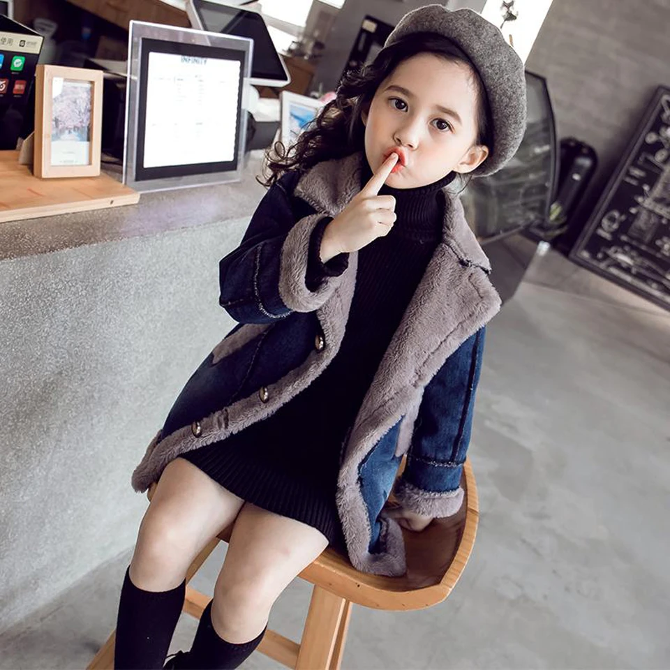 

2019 Winter Thickening Girls Denim Jackets with Hoodies Plus Velet Kids Clothes Windproof Female Children Coat Outerwear