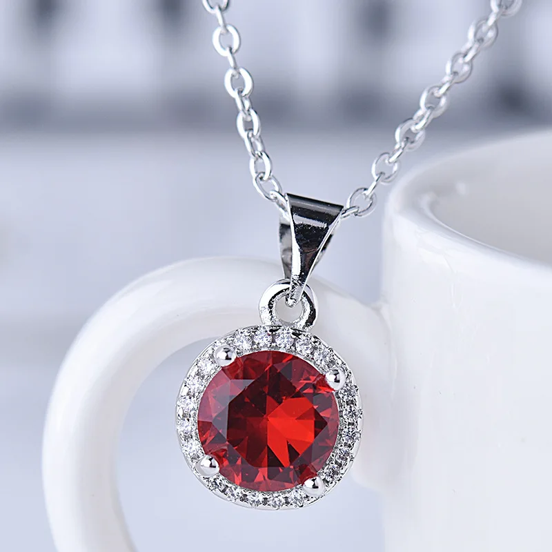 red no chain OMHXZJ,, CA419, Европейская мода, для женщин, девушек, для вечеринки, дня рождения, свадьбы, подарок, Круглый циркониевый 925 пробы, Серебряный кулон, Шарм - Цвет камня: red no chain
