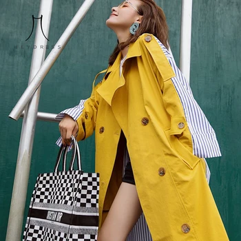 

Heydress Korean Women Clothes Autumn Windbreaker Female Long Coat Double Breasted Striped Stitching Yellow Trench Coat Outwears