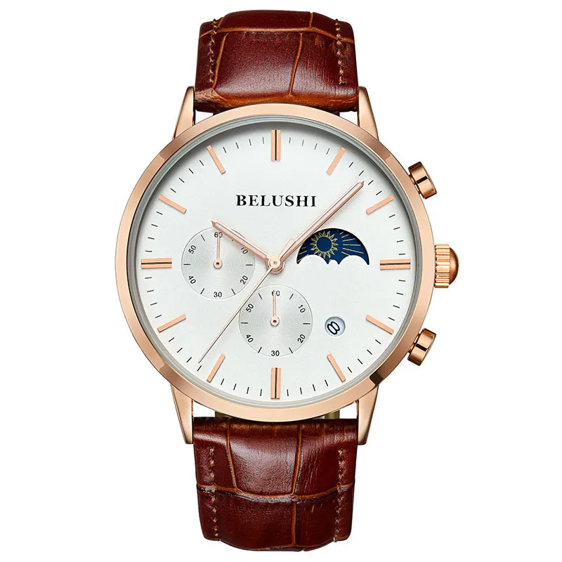 

New Multi-function Quartz Watch Men's Rose Gold Watch Calendar Running Seconds Watches Man Luxury Clock Leather Waterproof Table