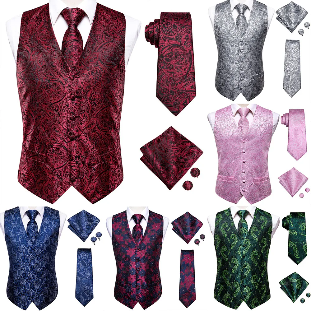 Hi-Tie Burgundy Paisley Floral Silk Men's Slim Waistcoat Necktie Set For Suit Dress Wedding 4PCS Vest Necktie Hanky Cufflink Set