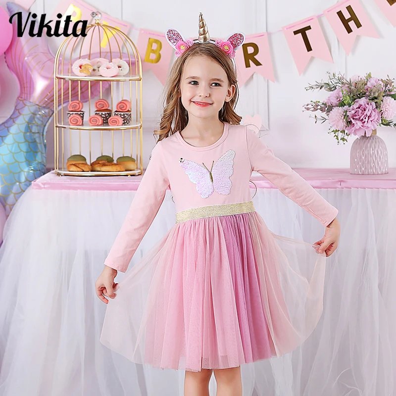 

VIKITA Autumn Girl Dress Reversible Butterfly Sequins Vestidos Long Sleeve Princess Dress for Girls Kids Children Mesh Dress