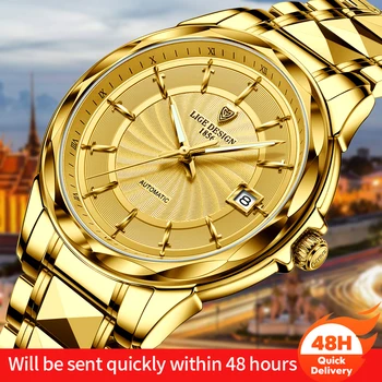 

LIGE new mechanical watch men's personality full gold fashion business men's watch 50 meters life waterproof automatic watch Man