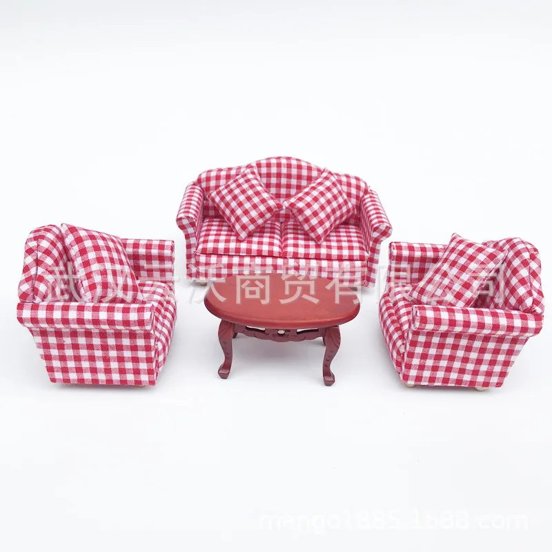 1: 12 Dollhouse Mini Furniture Model Living Room Floral Print Plaid Sofa Band Teapoy Table 4 Pieces in a Set