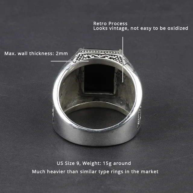 Real Pure 925 Sterling Silver Mens Rings With Black Onyx Natural Stone Rings Retro Flower Engraved Punk Rock Vintage Jewelry 3