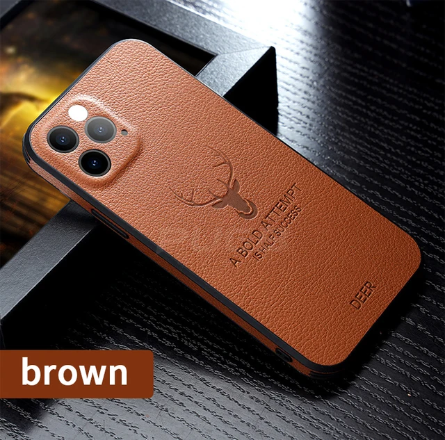Luxury Leather Texture Square Frame Case For iPhone 11 12 13 Pro Max Mini X XR XS Deer Camera Protection Shockproof Phone Cover Brown