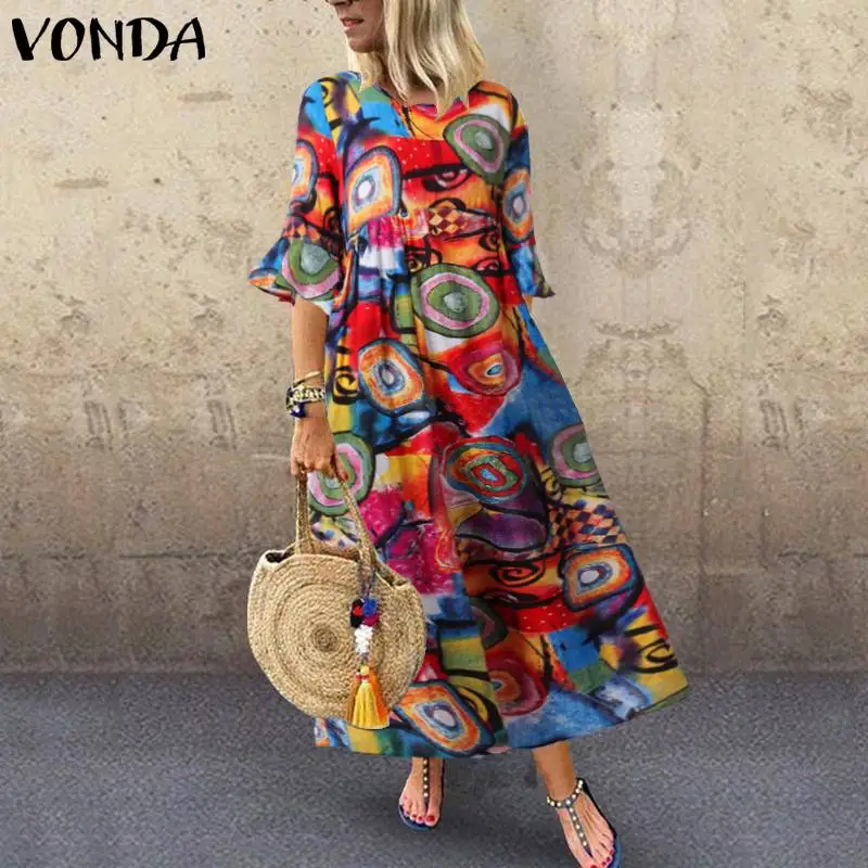 VONDA, женские короткие рукава-фонарики, круглый вырез, вечерние платья, винтажное платье с принтом, свободный праздничный сарафан, 5XL, вечерние платья, Femme Robe