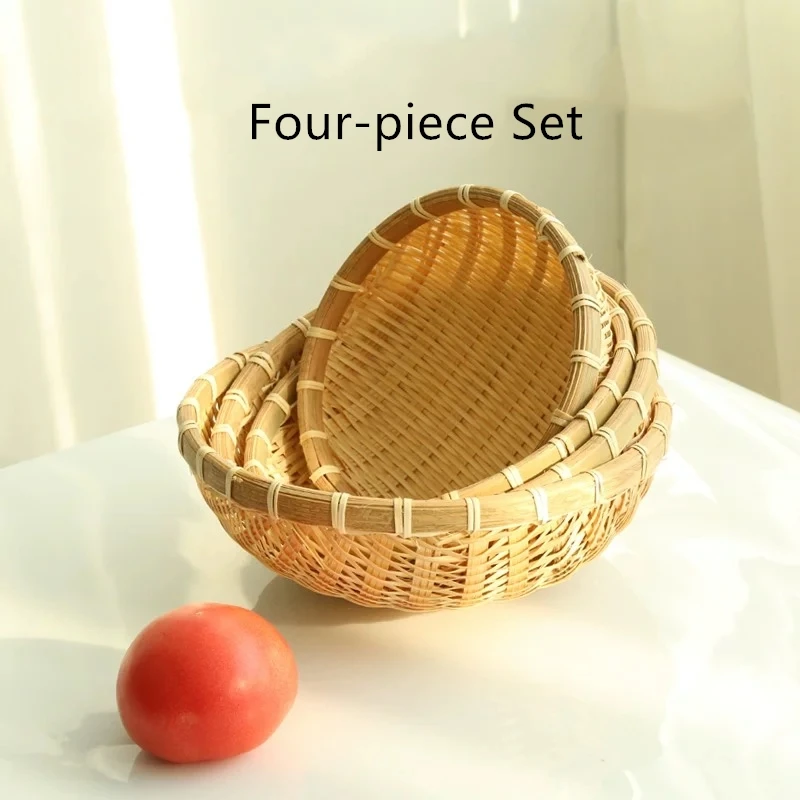 Four-piece Set Корзина для хранения продуктов, ручной работы, основной цвет, зеленый бамбук, тканый поднос для хранения фруктов, хлеба, для помещений, кухонная мебель, принадлежности - Цвет: Four-piece Set
