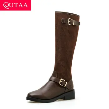 

QUTAA 2020 Zipper Patchwork Cow Leather Cow Suede Knee High Boots Square Heel Round Toe Buckle Leisure Women Shoes Size 34-39