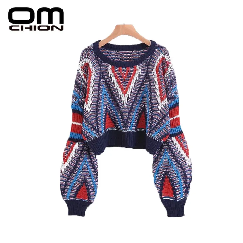 OMCHION 2021 Geometric Patchwork Jump Elastic Lantern Sleeve Women Sweaters And Pullovers Vintage O Neck Loose Sueter LXM21 | Женская