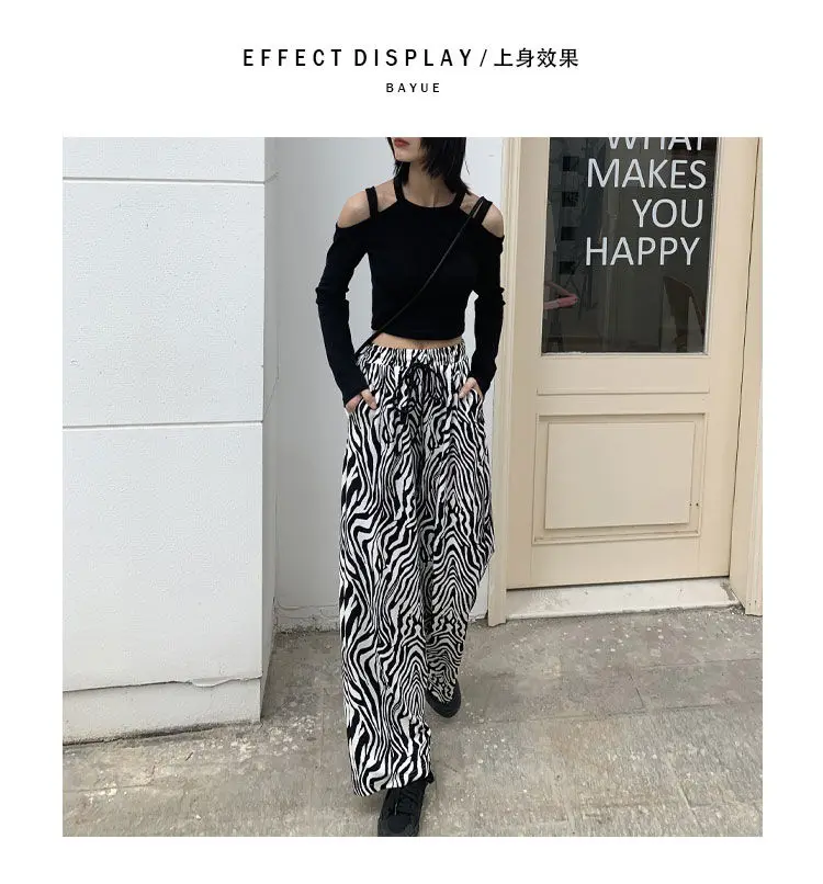Calças para Mulheres Calças Femininas Laço-up Ajustável Zebra Padrão Listrado Moda Solto Lazer Elegante Reta Confortável Chique 4 Calças femininas laço-up ajustável zebra padrão listrado