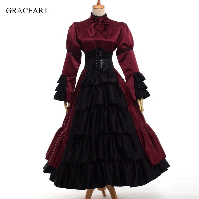 Vintage Women Civil War Bowknot Corset Dress With Crinoline Medieval Costume - Цвет: Красный