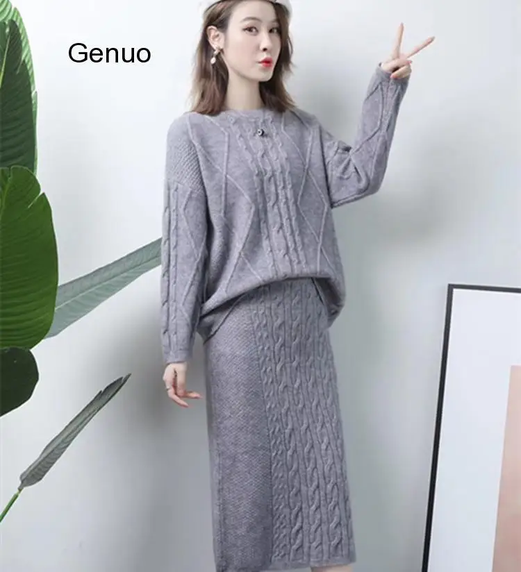 

Женский вязаный комплект из 2 предметов, пуловер с длинным рукавом и юбка с высокой талией и разрезом, осенне-зимний Свитер оверсайз