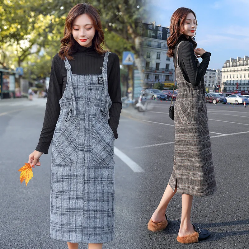 

Autumn And Winter over-the-Knee Exta-long Women's Korean-style Plaid Loose-Fit Camisole Suspender Strap Wool Woolen Cloth Full B