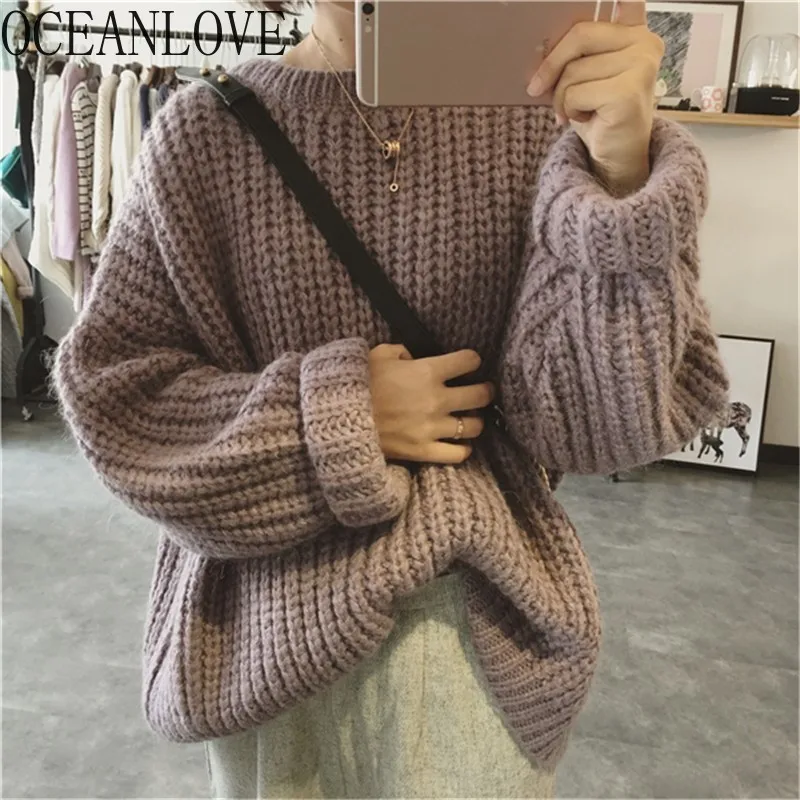 Женский свободный пуловер с длинным рукавом теплый однотонный в Корейском стиле