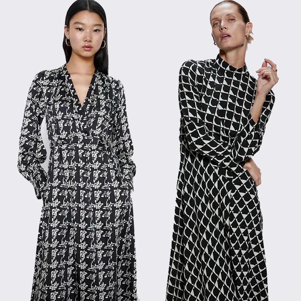 Женское длинное платье ZA винтажное офисное с длинным рукавом воротником стойкой