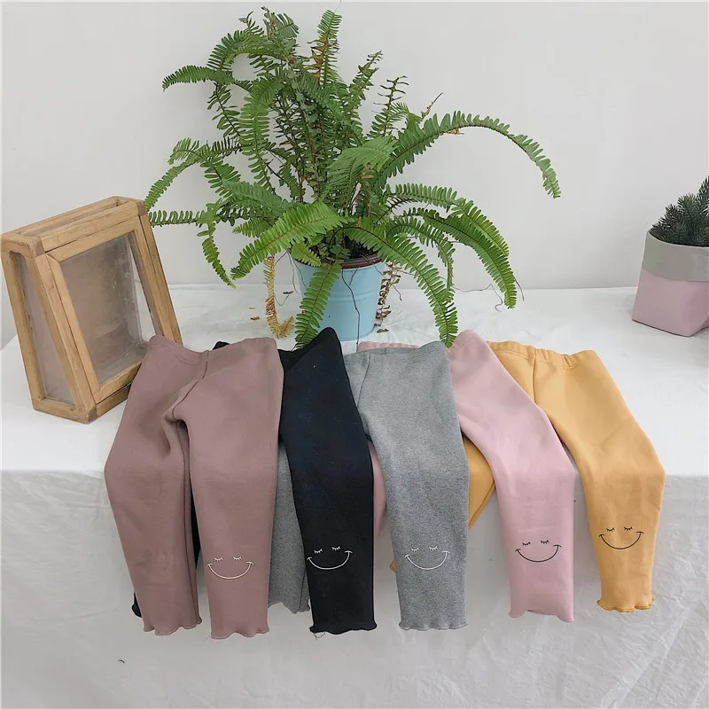 Зимние милые плотные леггинсы с рисунком смайлика для девочек 2019 чистый хлопок