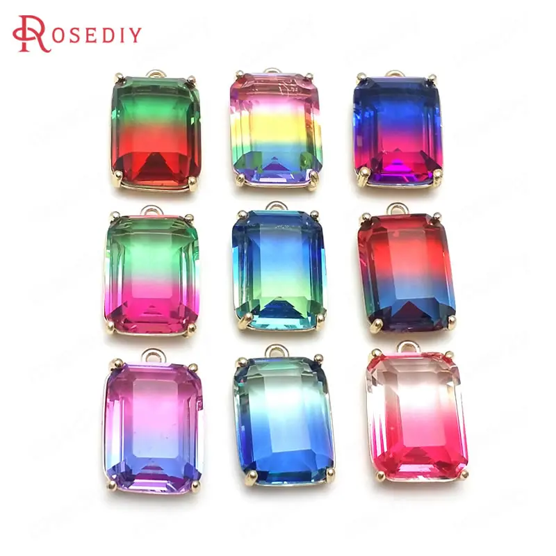 

6PCS 20x13MM 24K Champagne Gold Color Brass Glass Colorful Rainbow Style Rectangle Charms Pendants Jewelry Findings Accessories