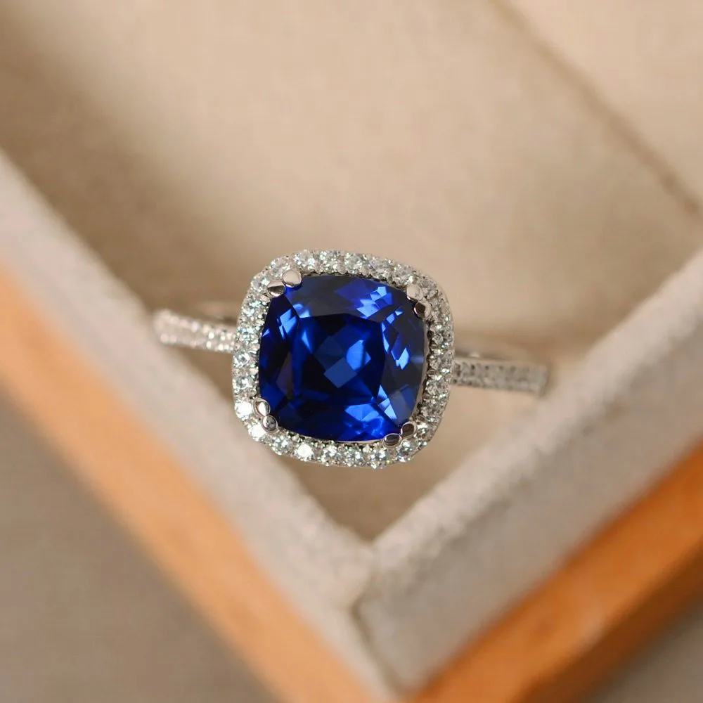 

Luxury Female Blue Sapphire Stone Ring 100% Real 925 Sterling Silver Wedding Rings For Women Promise Square Engagement Ring