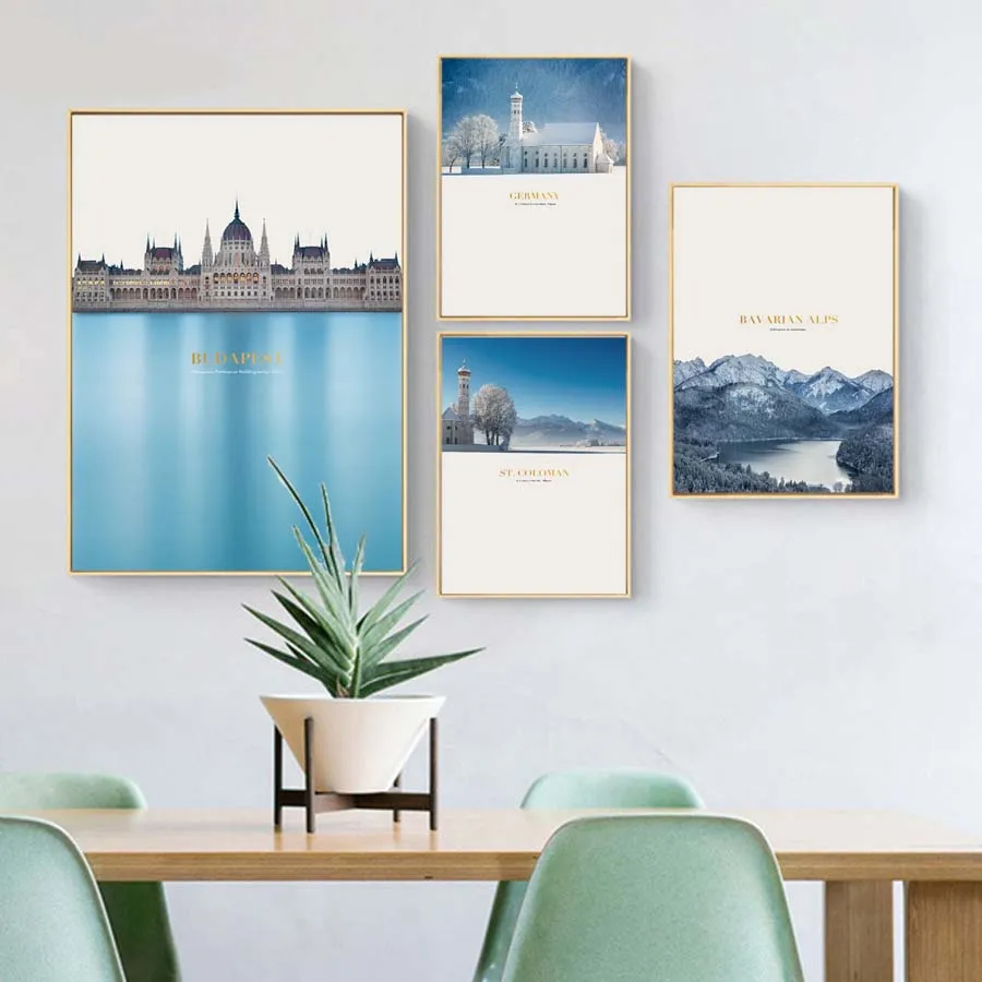 Winter Bavarian Alps View Printing Picture Church and Budapast Canvas Poster For Wall Bedroom Living Room Home Decor Nordic Art (5)