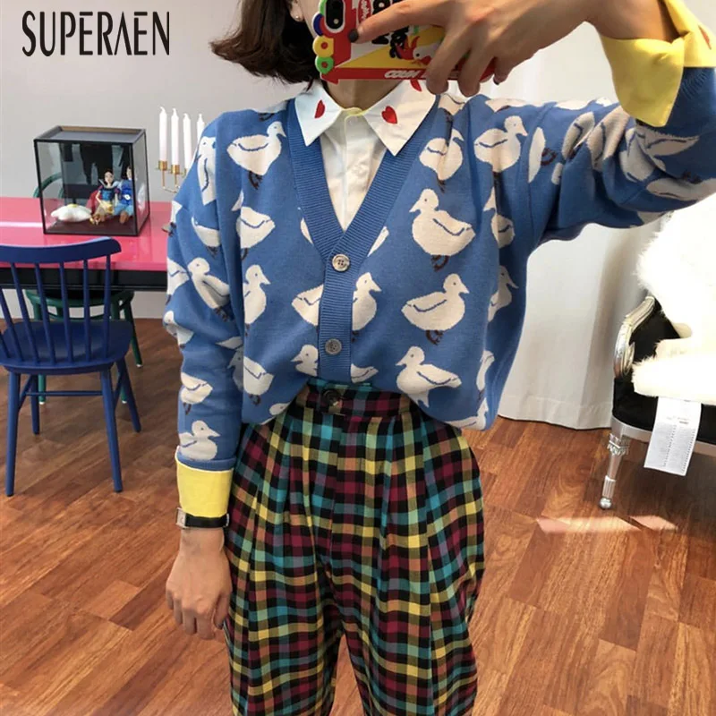 

SuperAen Fashion Women's Sets Autumn New 2019 Long Sleeve Sweater Coat Wild Casual Embroidered Lapel Shirt Two Pieces Female