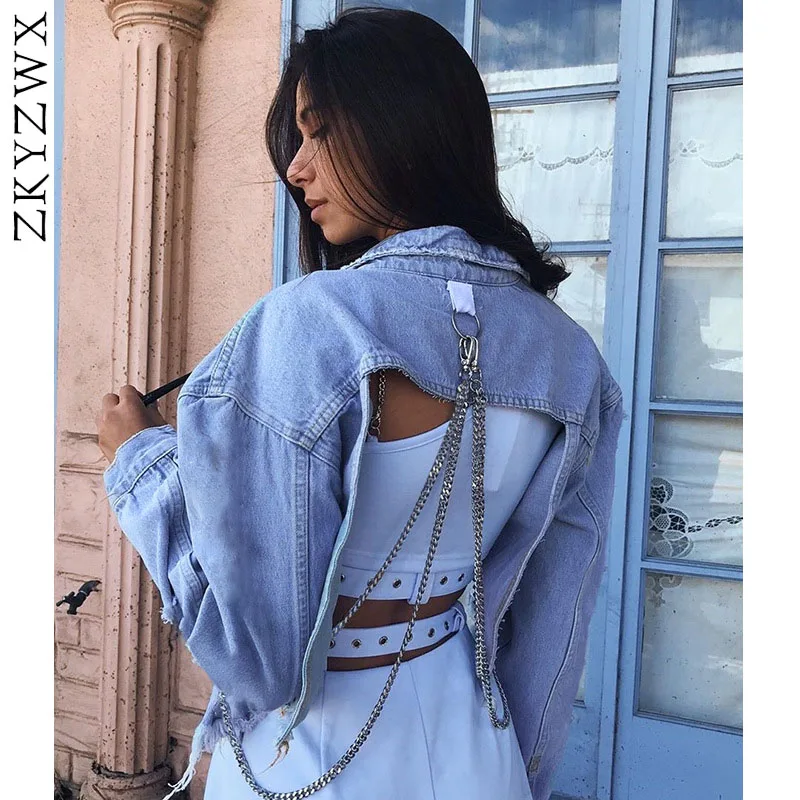 

ZKYZWX Denim Jacket Women Backless Chains Irregular Turn Down Collar Loose Coat 2019 Fall New Streetwear Fashion Casual Clothing