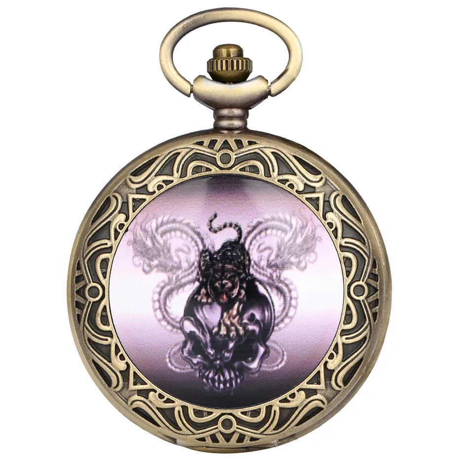 Винтаж тигр дракон дизайн кварцевые карманные часы псевдо-антиквариат череп цепочки и ожерелья часы для мужчин женщин Бронзовый