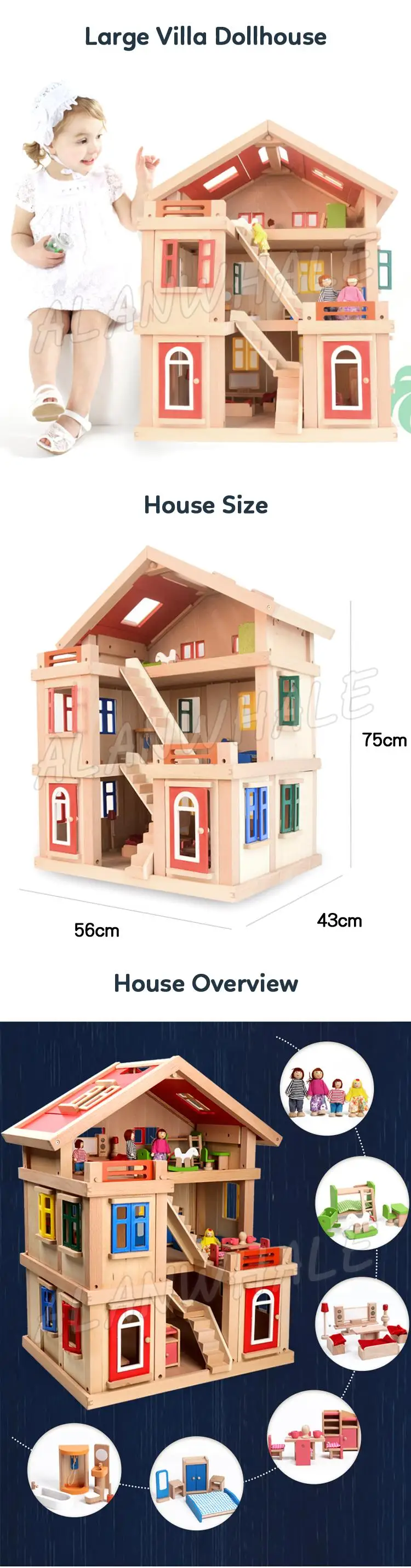 75*56*43 см Hi-Rise Кукольный дом большая вилла трехэтажный деревянный кукольный домик и мебель набор с мебели модель строительные игрушки