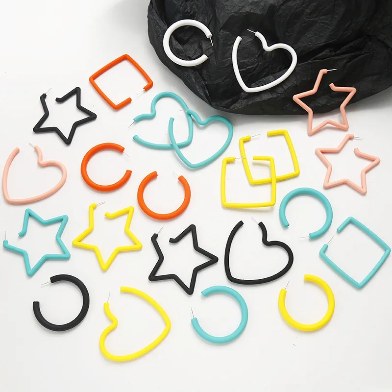 

Korea 925 Sterling Silver Needle Candy Color Geometric Hollow Hoop Earrings For Woman Matte Texture Fashion Jewelry