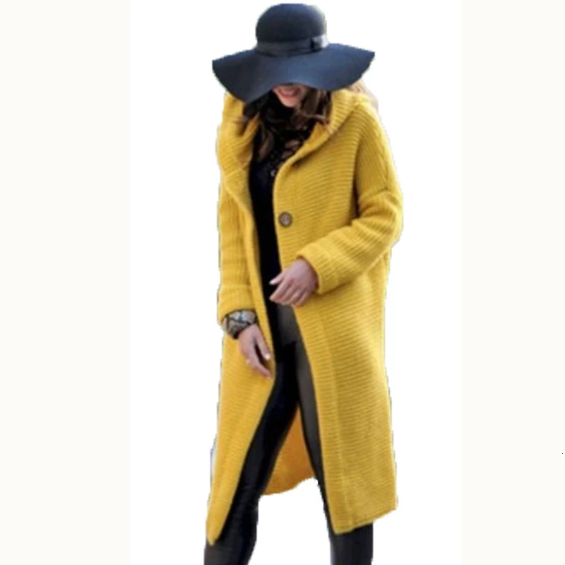 Winter Spring Cardigan Knitwear Women Knitted Long Warm Hooded Sweater Fashion Button Loose Cardigans Ladies Solid Sweaters - Цвет: yellow