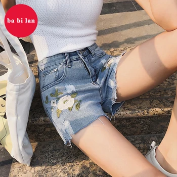 

2020 cowgirl shorts summer embroidered jeans women spring and summer mid-waist Korean shorts hole loose
