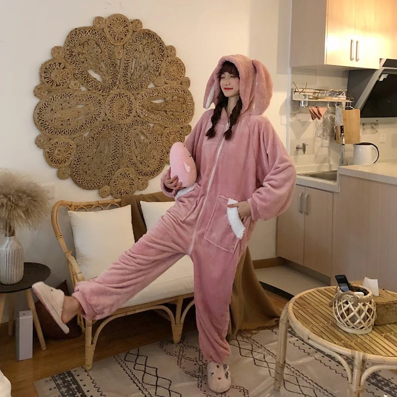 Warm One Piece Hooded Bunny Pajamas Jumpsuit Women Winter Fleece