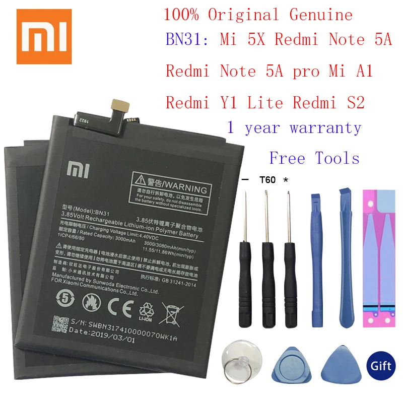 Xiao Mi Оригинальный аккумулятор для телефона BN31 Xiaomi 5X Mi5X Redmi Note 5A / Pro A1 Y1 Lite S2 3000 мАч
