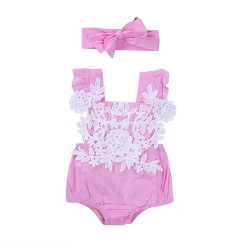 

0-18M Newborn Baby Girl Floral Crochet One-piece Bodysuit Babies Lace Flower Jumpsuit Headband Outfits Set Clothes