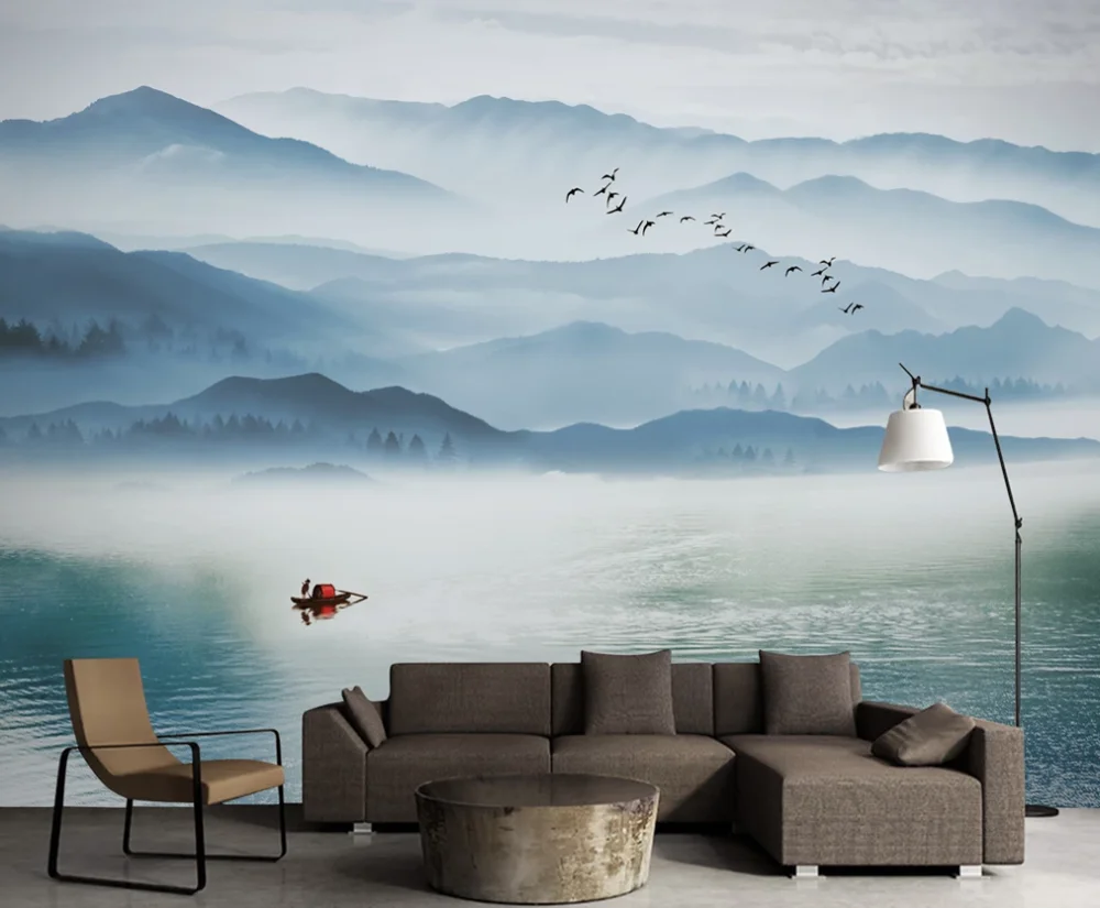 lCustom Mural Wallpaper 3D New Chinese Simple Artistic Conception Ink Landscape Bedroom Sofa Background Decorative Painting