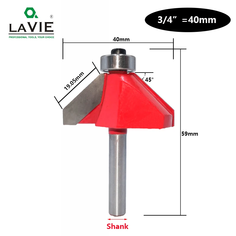 LAVIE 1pc 6mm 6.35mm Shank 45 Degree Chamfer Router Bit Edge Forming Bevel Woodworking Milling Cutter for Wood Bits MC01130